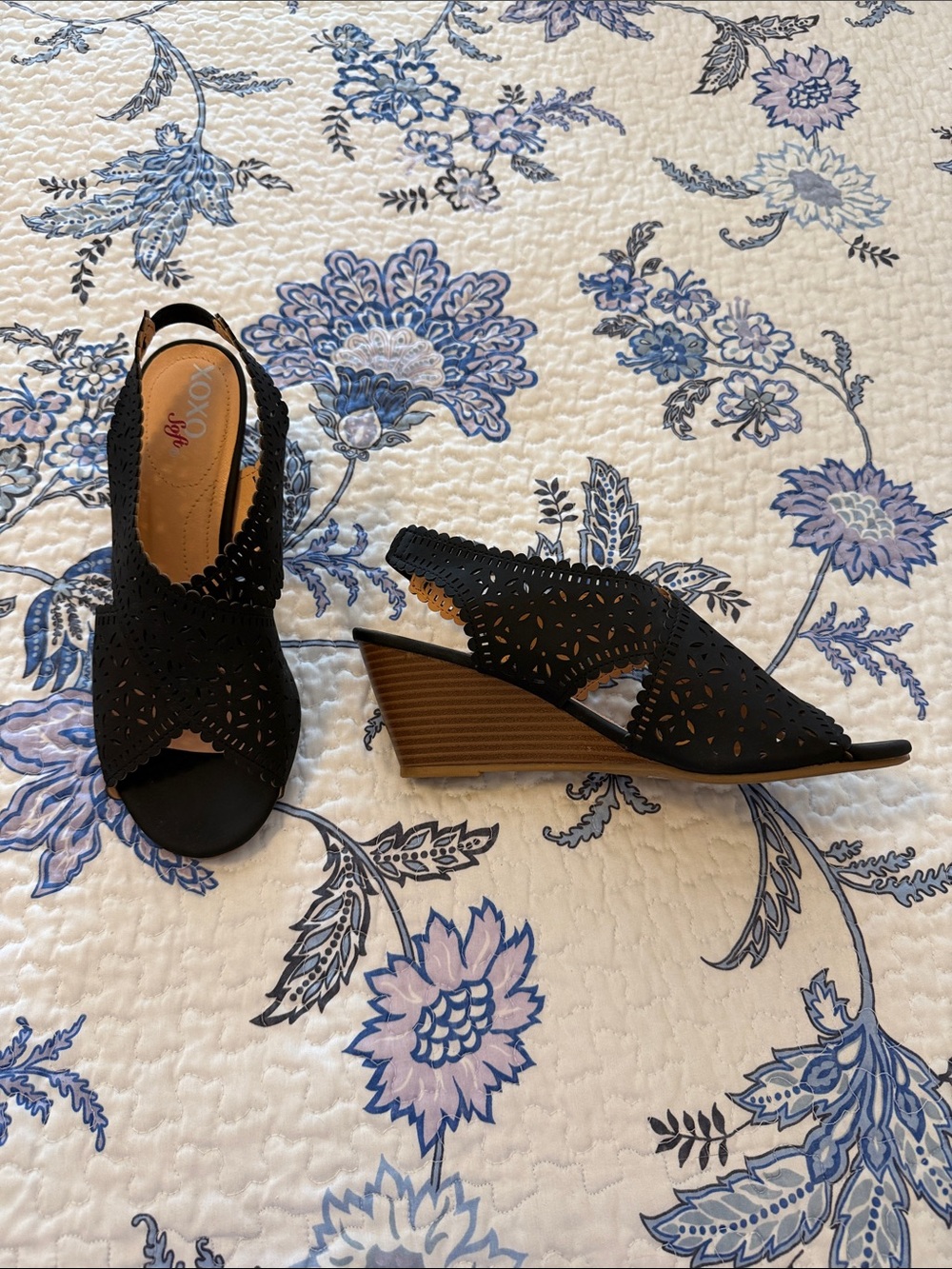 XOXO Black Laser-Cut Slingback Wedge Sandals